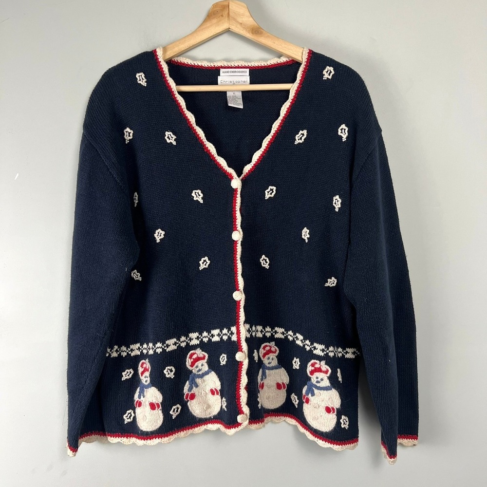 Vintage Blue Snowman Embroidered Beaded Christmas Cardigan Sweater XL Grandma